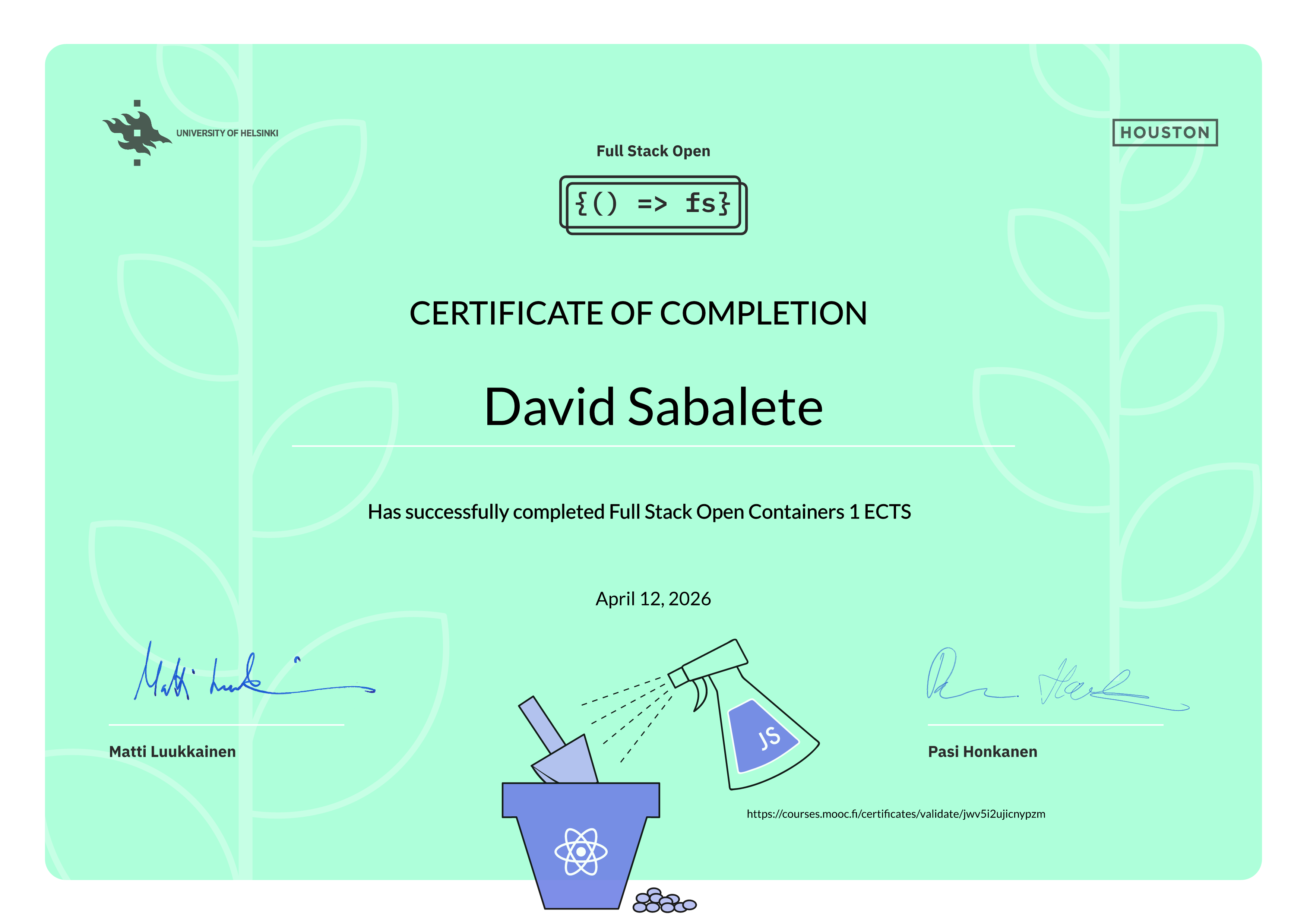 Certificate of Completion - Fullstack Open Containers